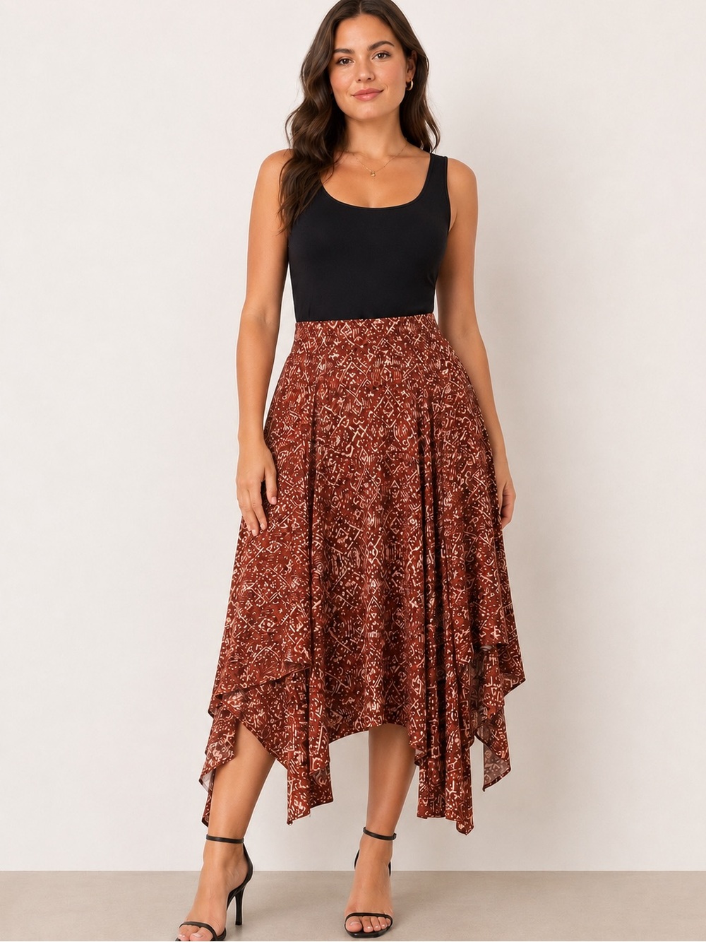 Calvin Klein Rust Printed Asymmetrical Handkerchief Hem Skirt